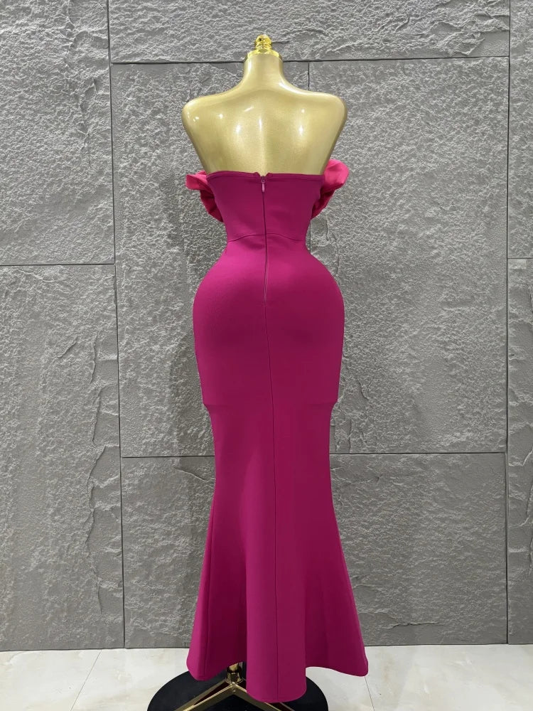 Rosered Color Women Sexy Florals Strapless Diamond Line Bodycon Long Bandage Dress Birthday Party Photo Shoot Wear