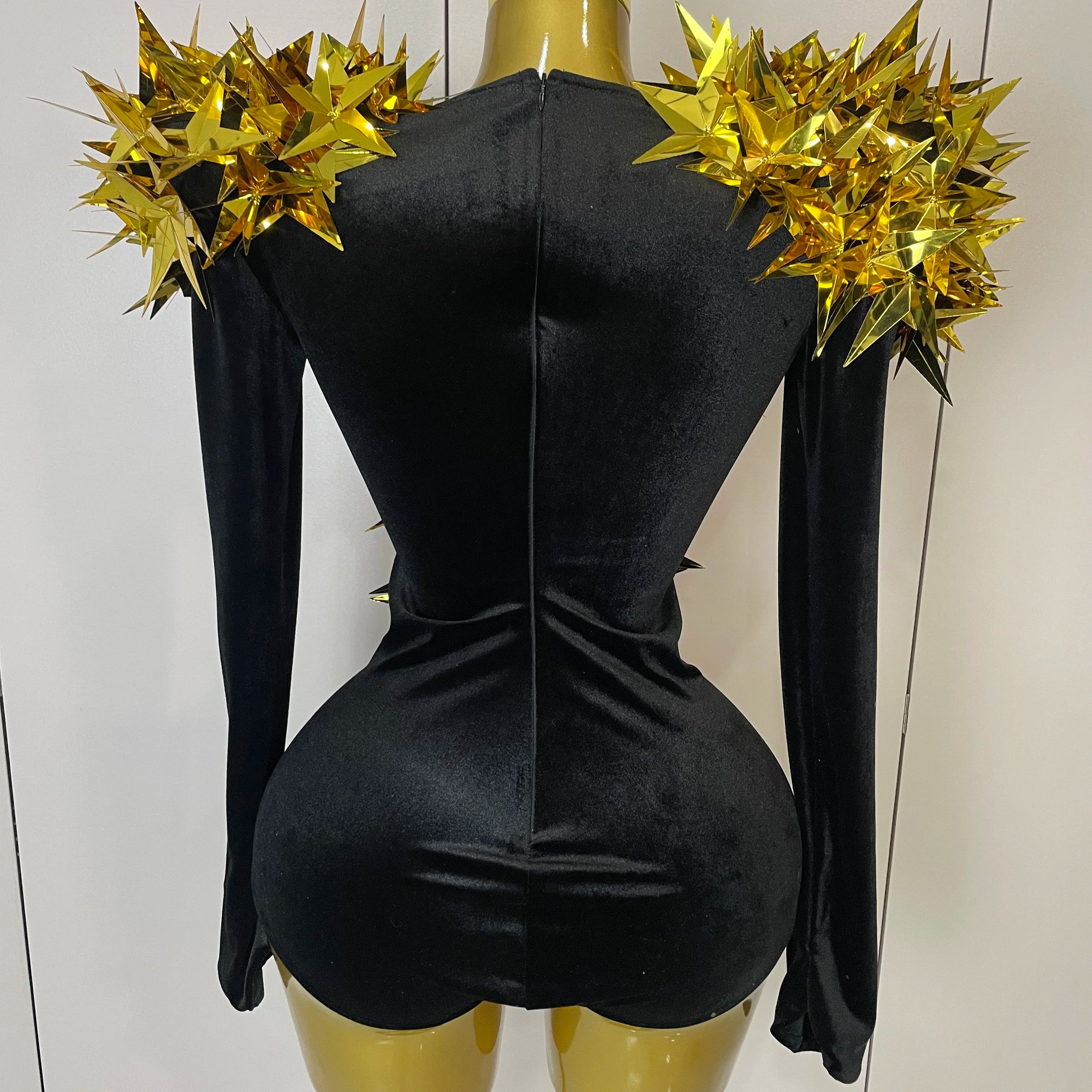 Shiny Gold Rhinestone Black Velvet Long Sleeve Bodysuit 2025 Women Evening Party Club Gala Hosts NightClub Bar Stage Costumes