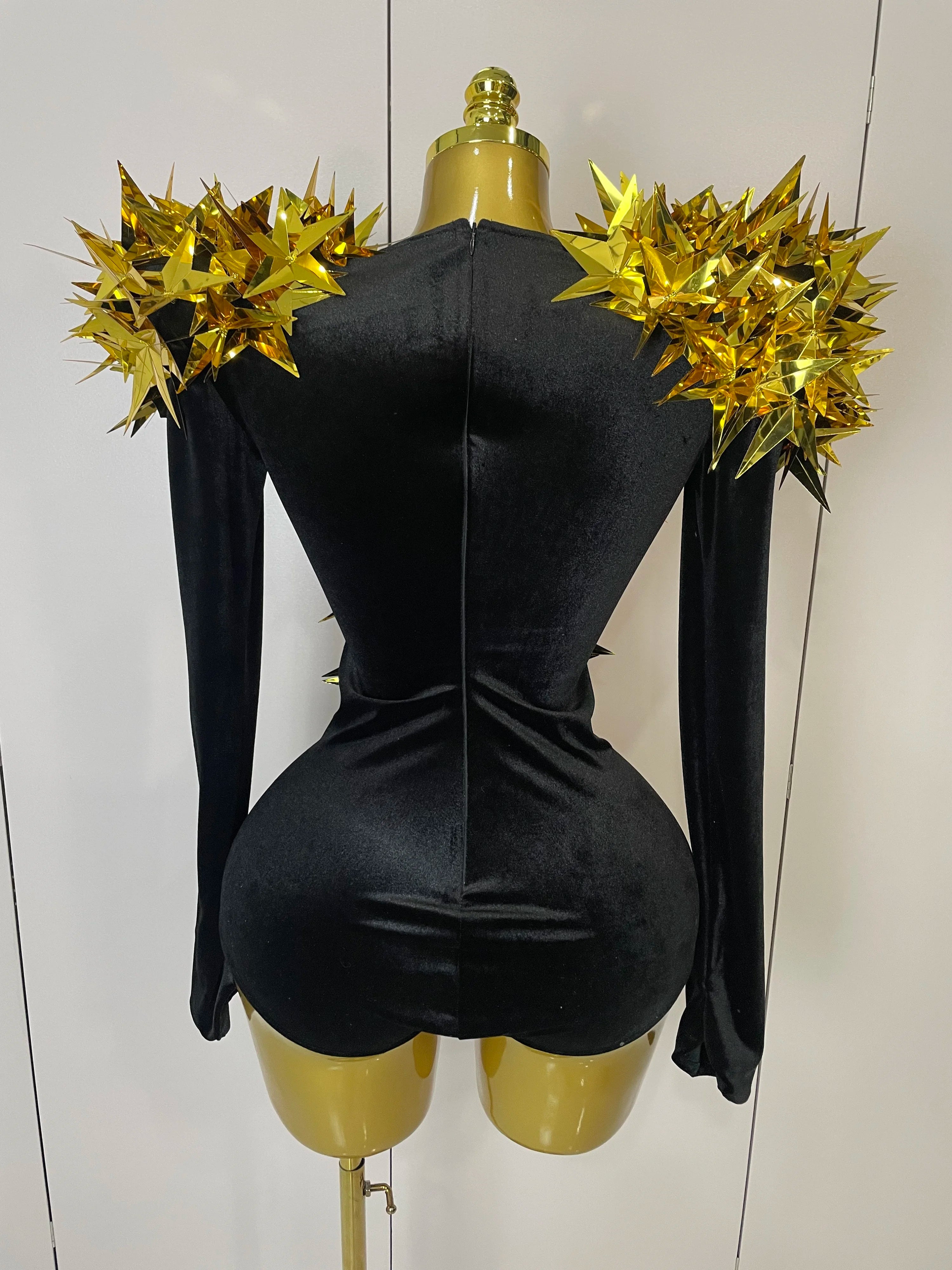 Shiny Gold Rhinestone Black Velvet Long Sleeve Bodysuit 2025 Women Evening Party Club Gala Hosts NightClub Bar Stage Costumes