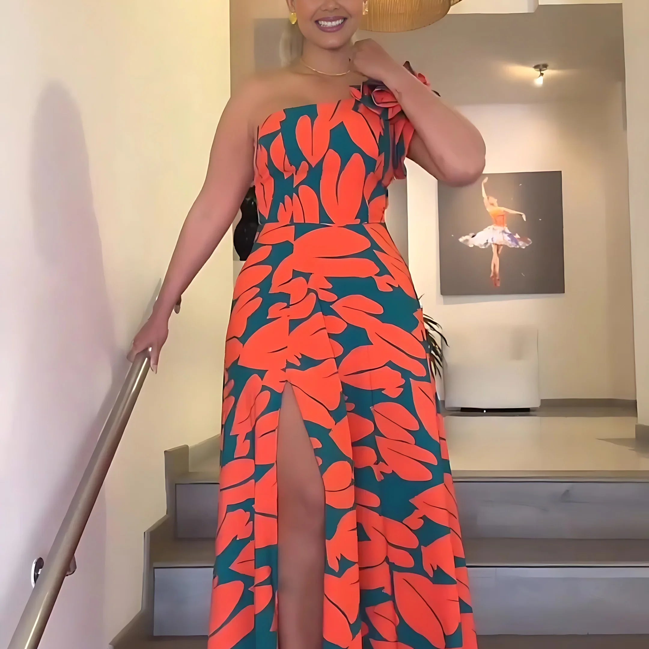 Women's Elegant Floral Printed Long Dresses, Casual Strapless, A Line Dresses, Ladies Side Split, Summer