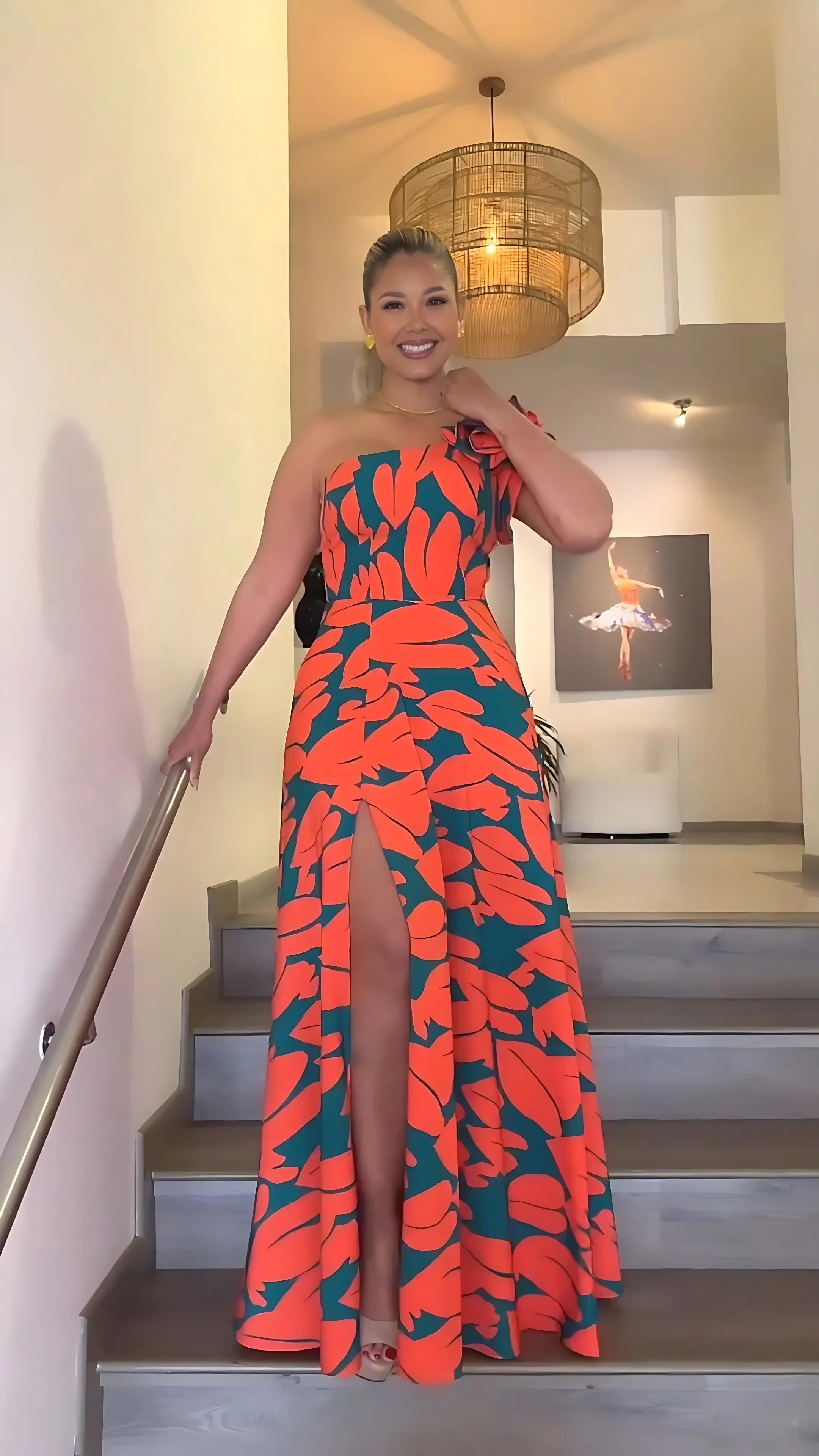 Women's Elegant Floral Printed Long Dresses, Casual Strapless, A Line Dresses, Ladies Side Split, Summer