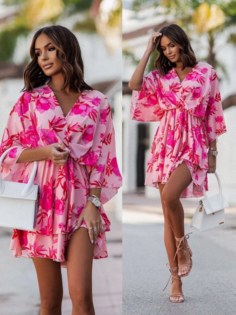 Women Bat Short Sleeve Dresses Summer Boho Floral Print High Waist Ruffle Vestido 2023 Holiday Party Sexy V Neck Robe Dresses
