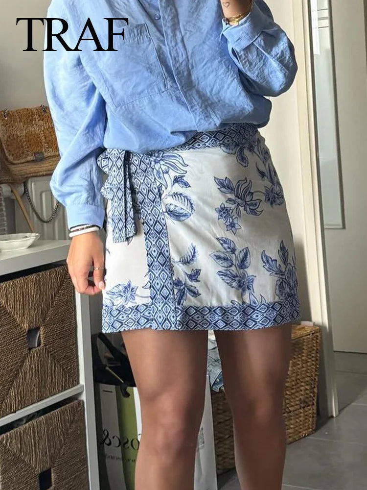 TRAF Women New Fashion Casual Lace Up Bow Decoration Blue Print Mini Skirt Women Vintage Beach Style High Waist Slim Skirts