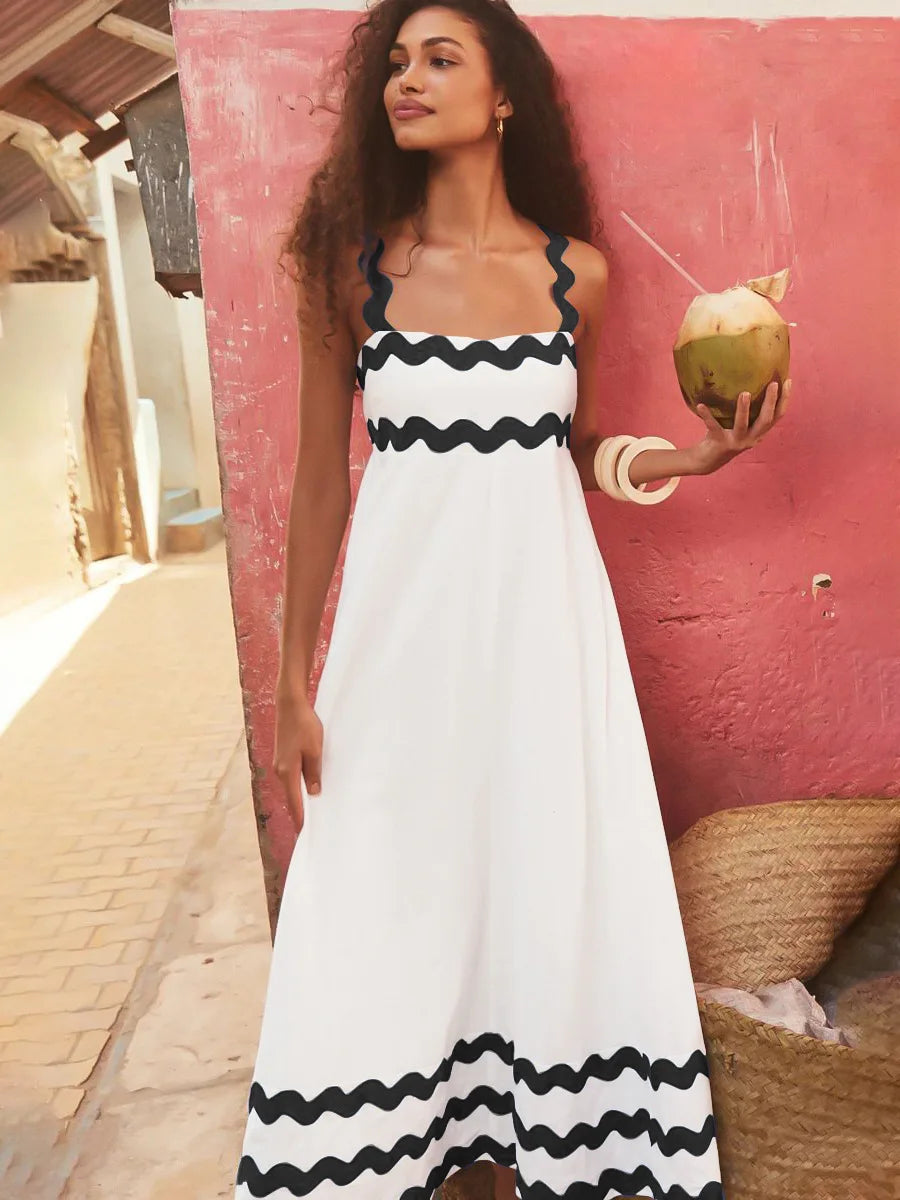 Striped O Neck Printed Long Maxi Dress Women Fashion Sleeveless Streetwear Female Loose Beach Holiday Vestidos Robes