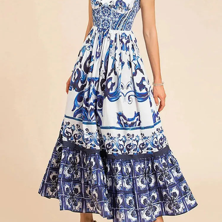 Women Sexy Printed Suspender Dress Fashion V-neck Backless High Waist Large Swing Midi Vestido Summer Female Chic Vacation Robes Blue