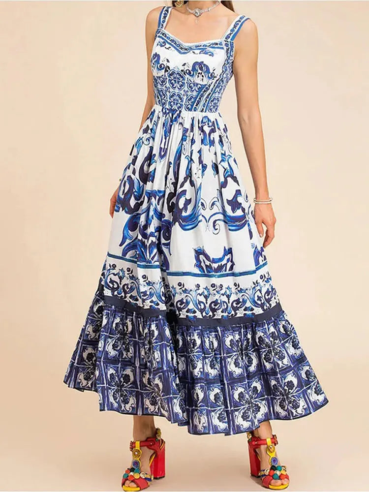 Women Sexy Printed Suspender Dress Fashion V-neck Backless High Waist Large Swing Midi Vestido Summer Female Chic Vacation Robes Blue