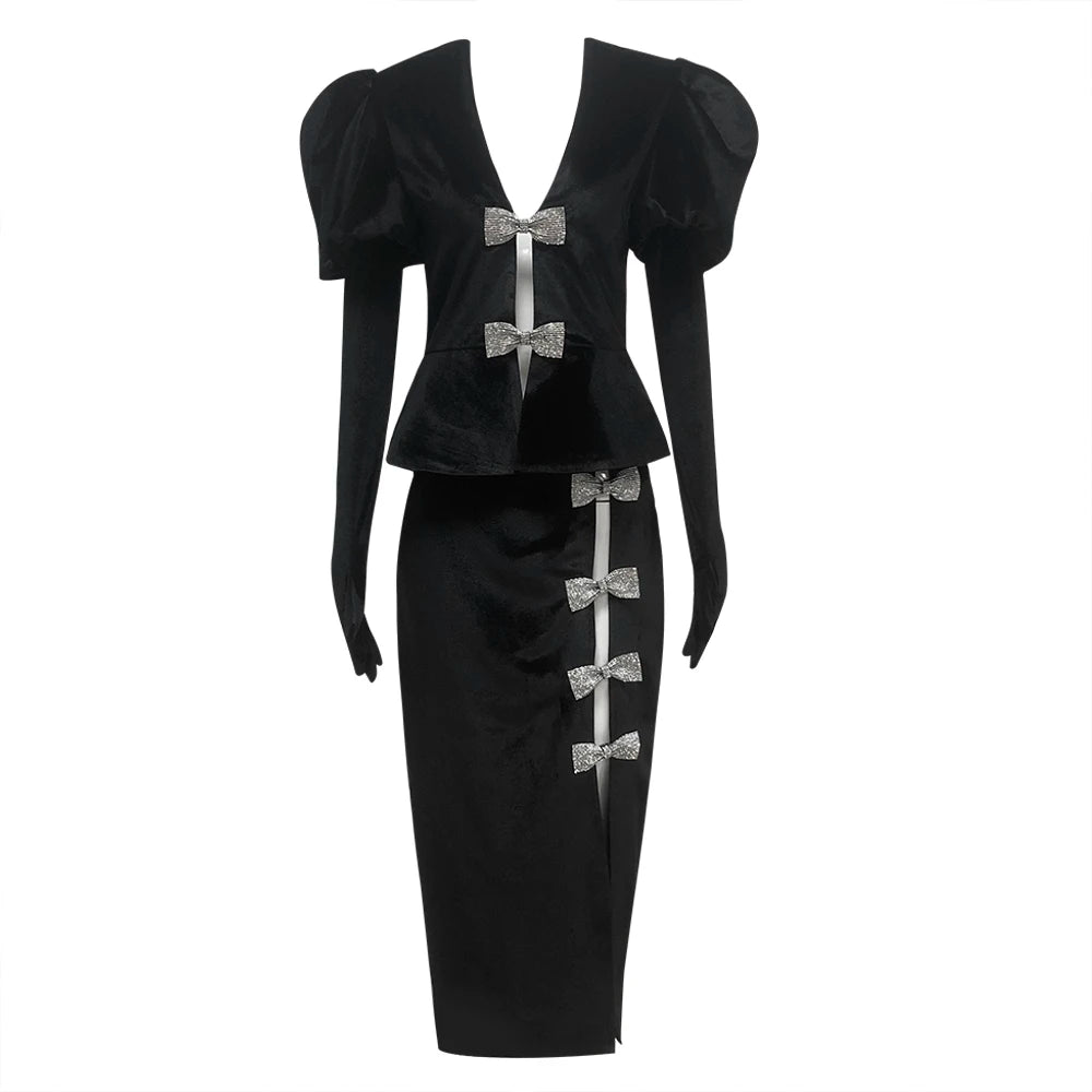 2025 New Fashion Gloves Black Velvet Woman Set Shining Diamond Bows V-Neck Jacket Sexy Hollow out package Hips Skirt Set 2 Piece