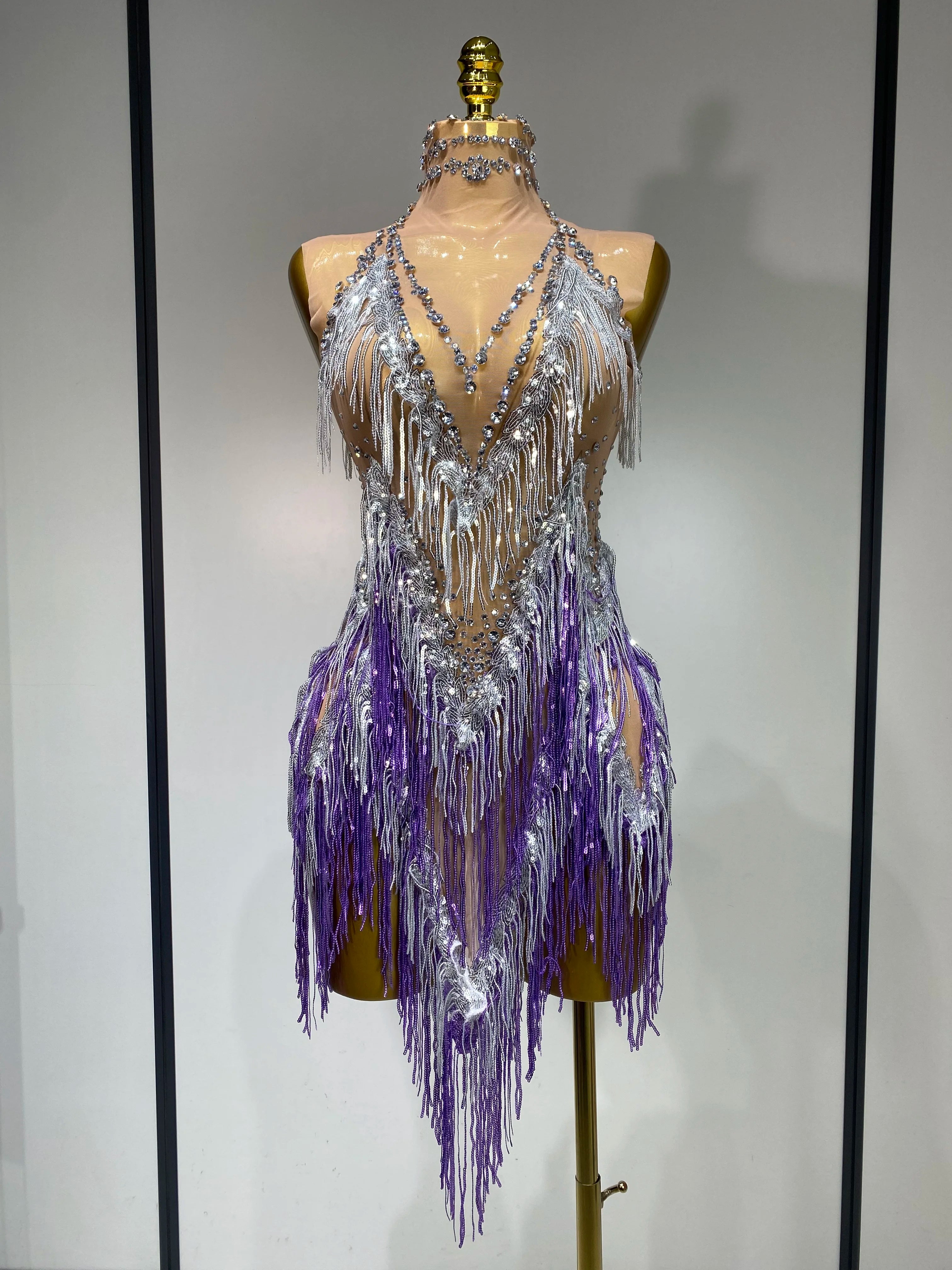 Luxury Birthday Dress Rhinestone Tassel Sexy Women Short Latino Dance Dress Nightclub Bar Sparkly Performance Stage Outfit