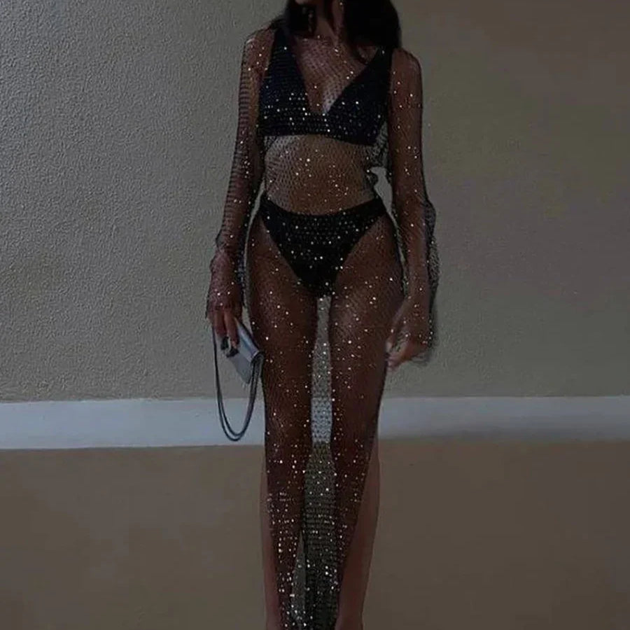 Y2K Sexy Shiny Rhinestones Grid Fishnet Dress Long Sleeve Hollow Out Side Slit Dress Beach Cover Up Breathable Lady Vestidos