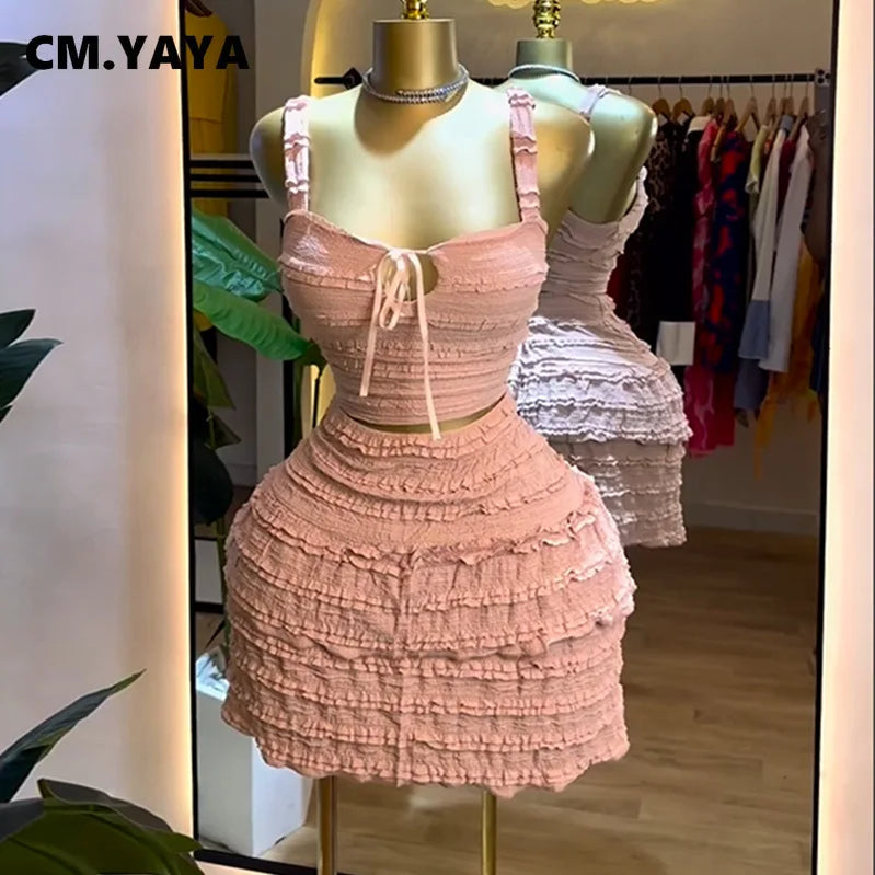 CM.YAYA Beach Boho Women's Set Strap Sleeveless Tank Top and Ruched Mini A-line Skirts Two 2 Piece Sets 2025 Summer Outfits
