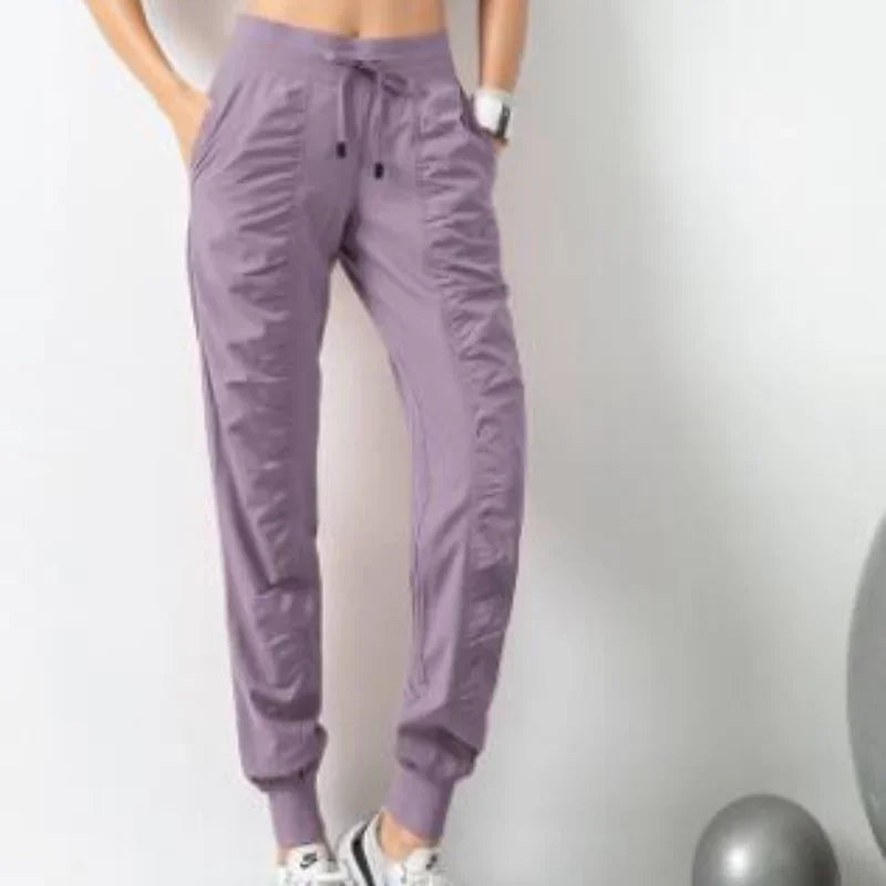 Fabric Drawstring Running Sport Joggers Women Quick Dry Athletic Gym Fitness Sweatpants with Two Side Pockets Exercise Pants Purple