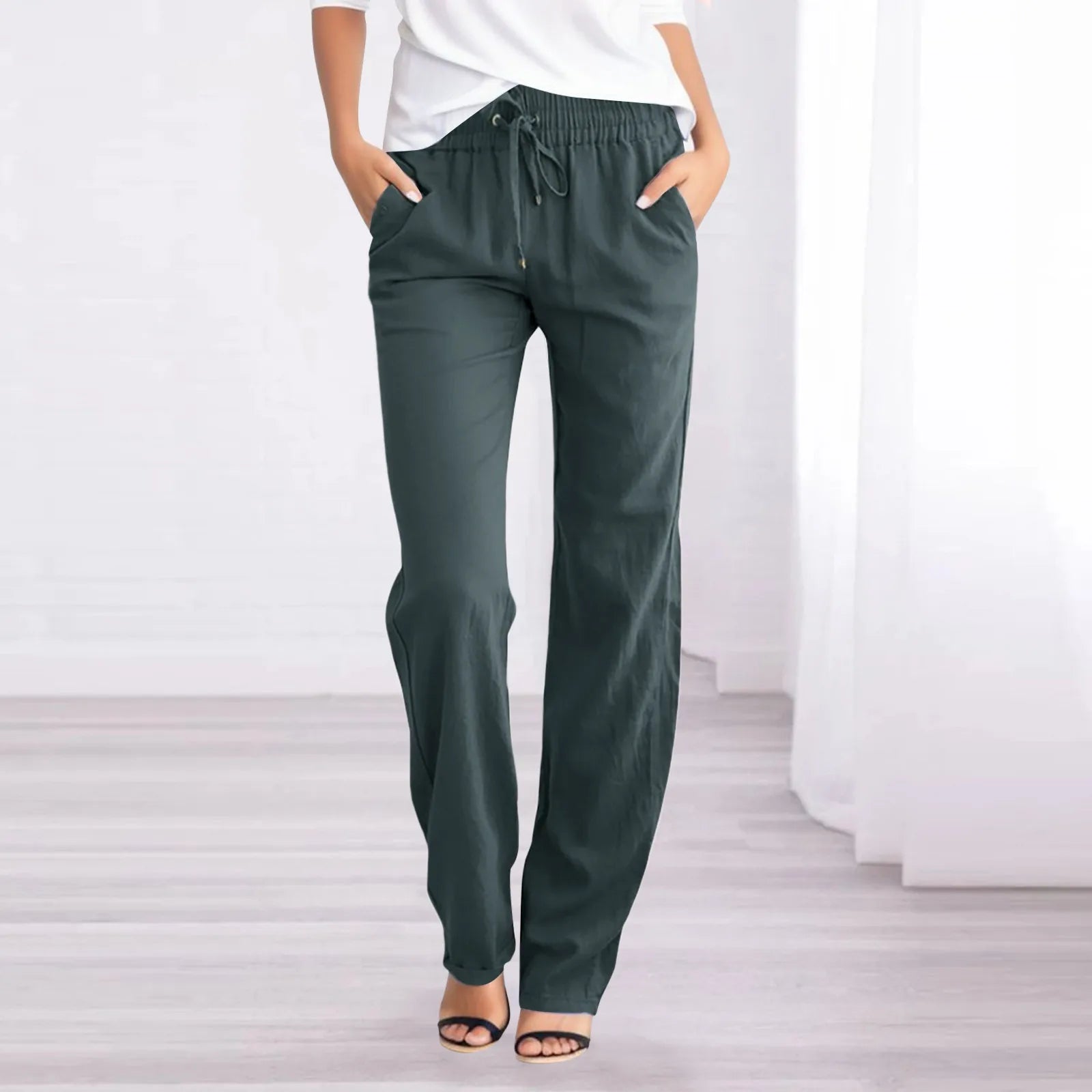 Solid Casual Straight Pants Elastic Waist Drawstring Long Pants Loose Daily Versatile Women Pants Retro Women Casual Trousers Dark Gray