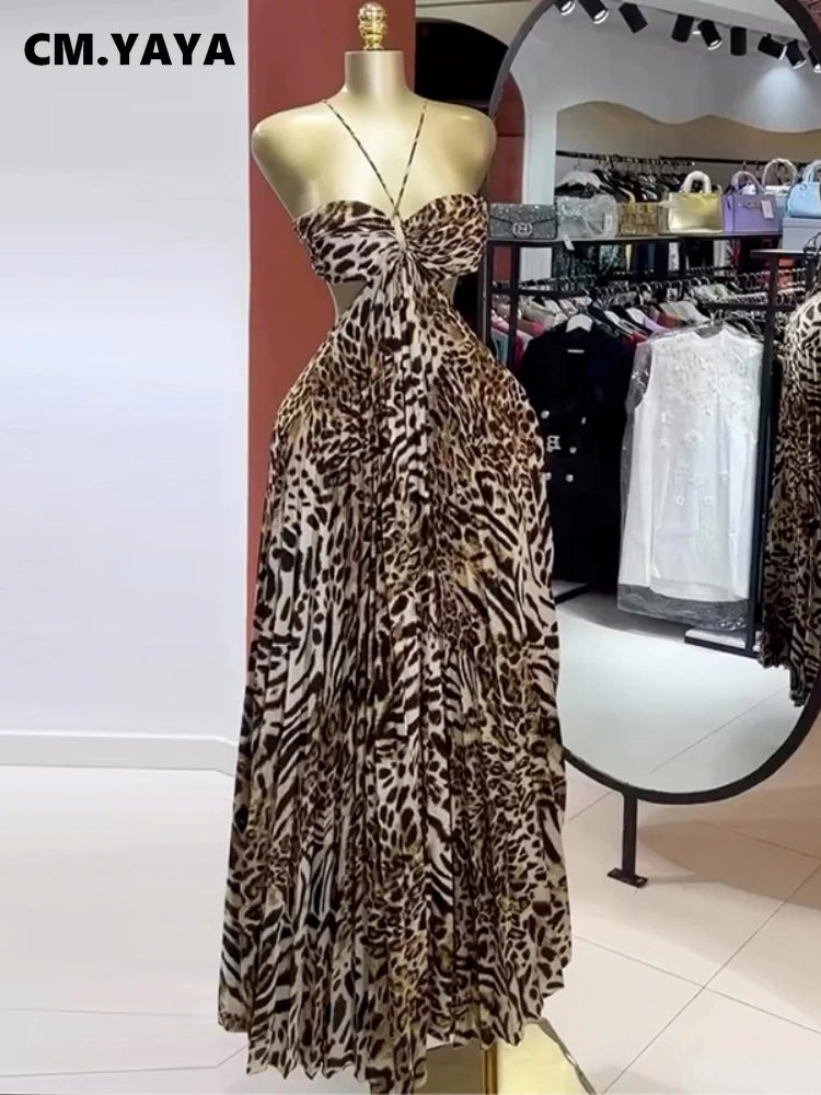 CM.YAYA Elegant Women Leopard Print Sleeveless Strapless Floor-Length Long Dress 2025 Beach Party Birthday Sexy Pleated Dresses