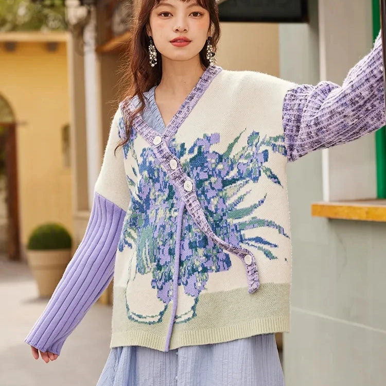 Van Gogh's collaboration "Starry Night Flower Sea" Spring and Autumn Women's New Oil Painting Diagonal Button Sweater Coat Violet