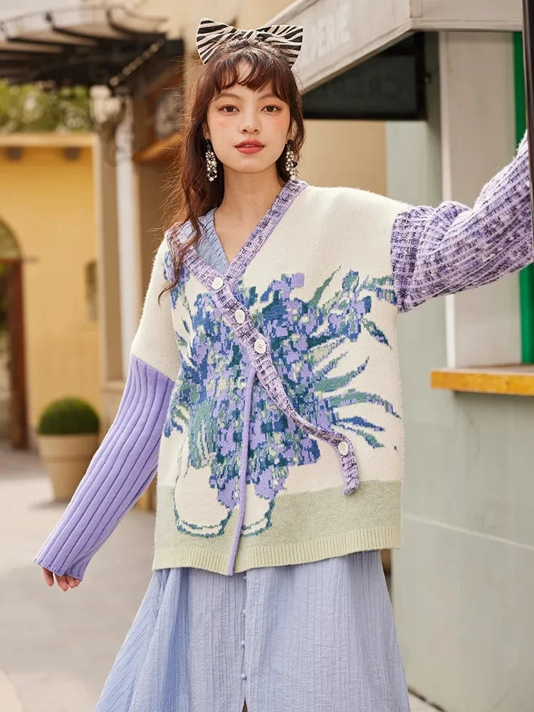 Van Gogh's collaboration "Starry Night Flower Sea" Spring and Autumn Women's New Oil Painting Diagonal Button Sweater Coat Violet