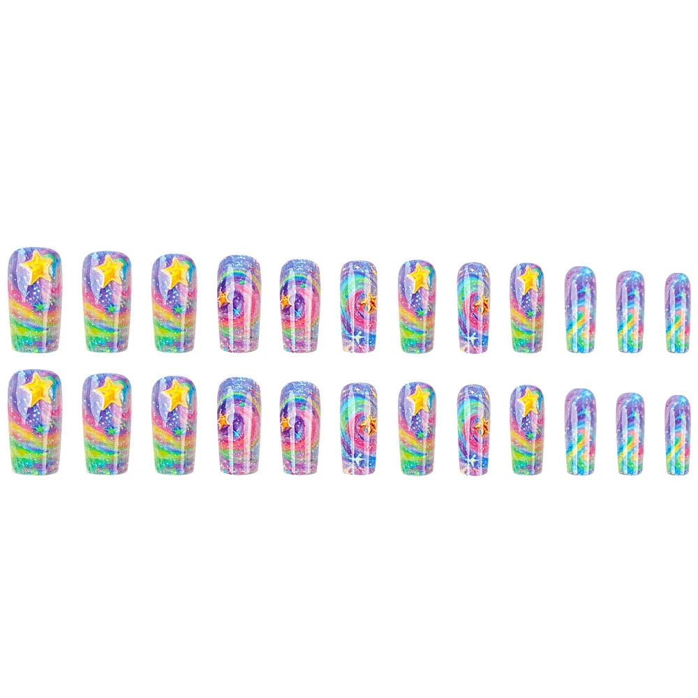24pcs Radiant Star Gradient Press on Nails Colorful Stars Simple Nails Full Cover Wearable False Nails