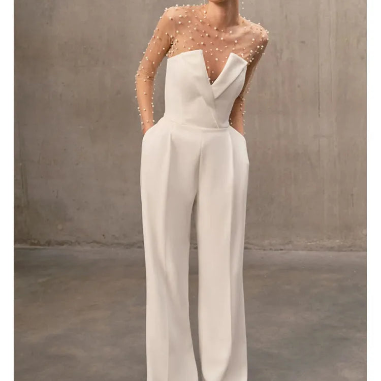 Conjunto feminino de verão luxuoso, sexy, manga comprida, branco pérola, bodycon, macacão, designer de celebridades, macacão de rua