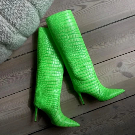 Size 43 Women Sexy Pattern Knee High Boots 2022 Autumn High-heel Pointed Toe Women's Shoes Black