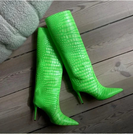 Size 43 Women Sexy Pattern Knee High Boots 2022 Autumn High-heel Pointed Toe Women's Shoes Black