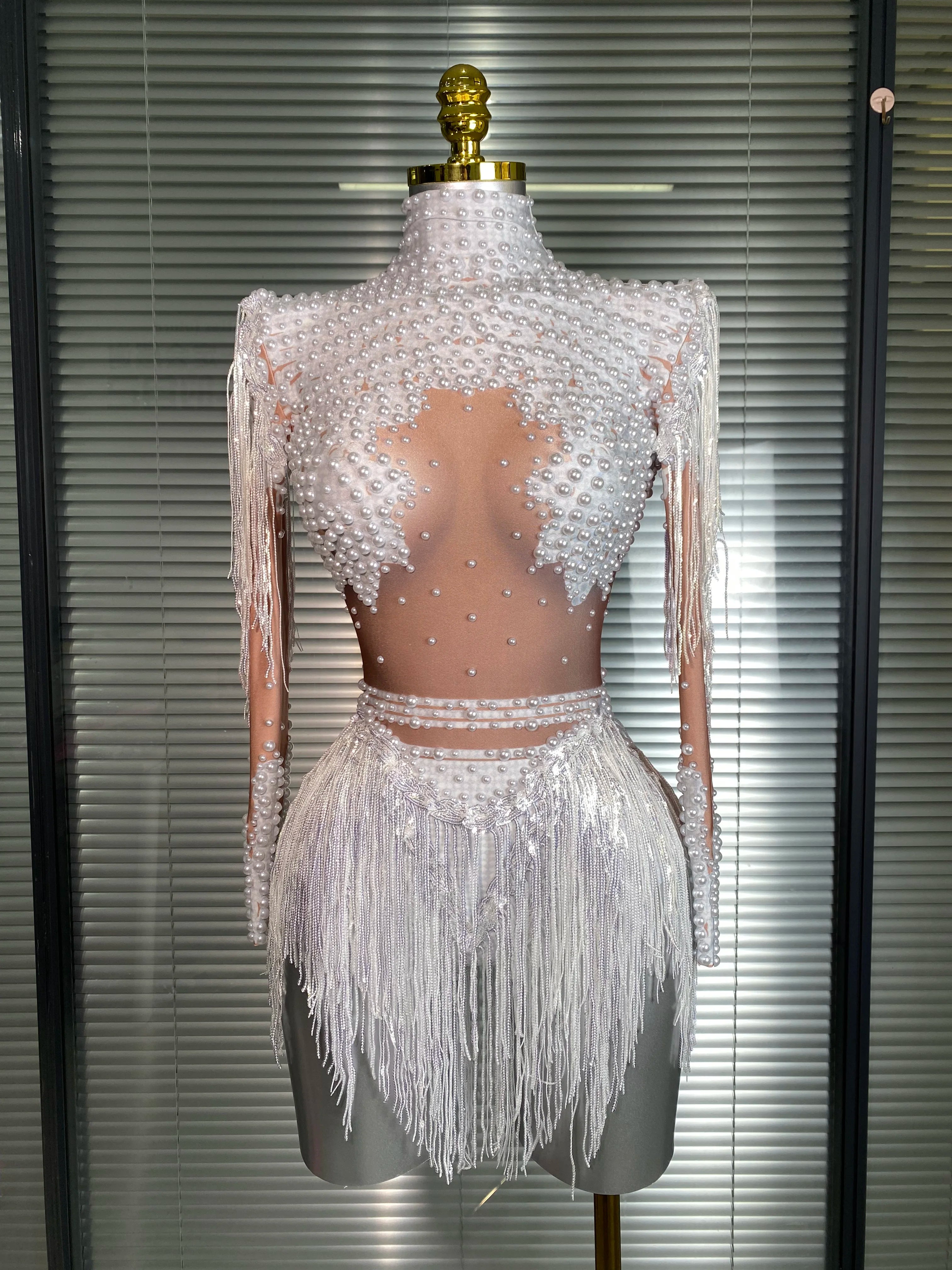 Women Sexy Skin Whtie Red Gold Crystal Stretchy Night Club Singer Dancer Tassel Dancer Red Stage Costume Party Bodysuit