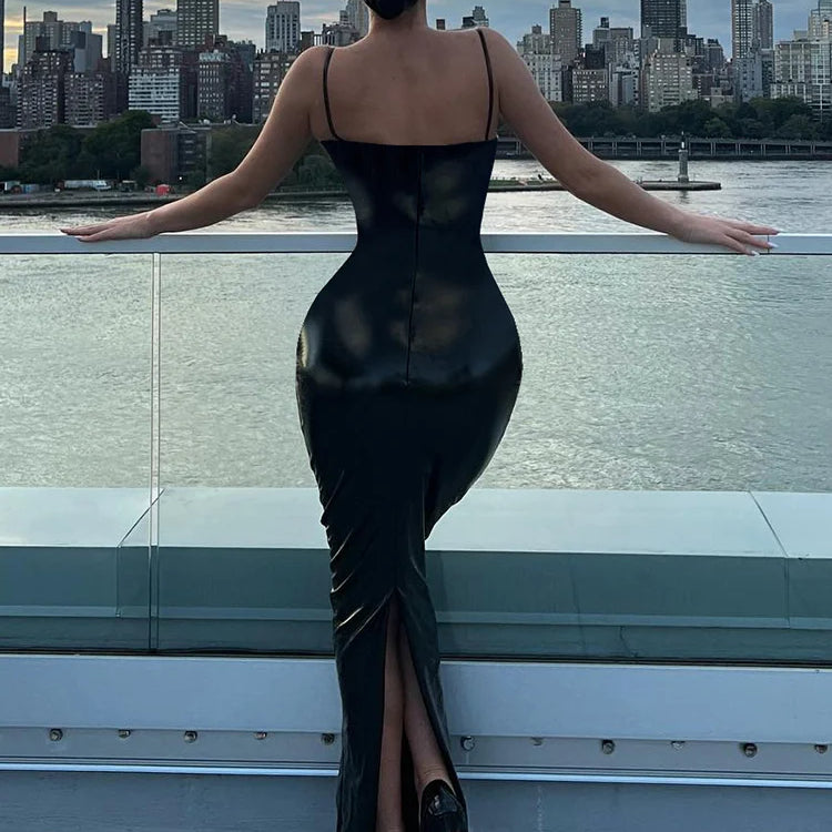 Weird Puss Patchwork Leather Sexy Dress Women Luxury Hipster Birthday Party Clubwear Sleeveless Black Split Bodycon Vestidos