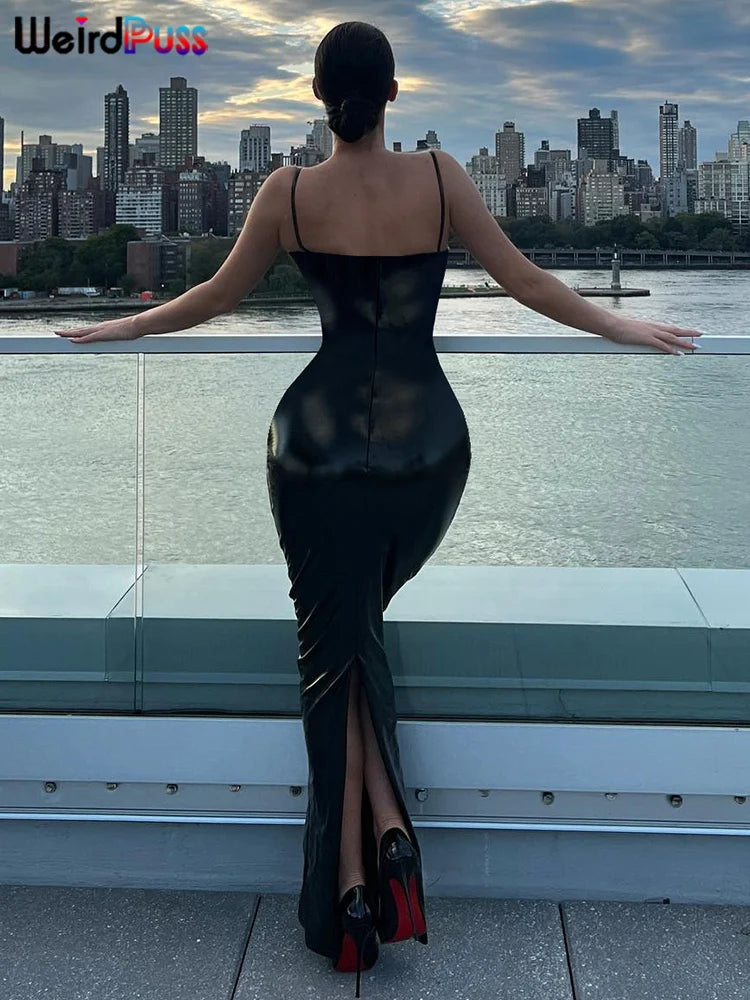Weird Puss Patchwork Leather Sexy Dress Women Luxury Hipster Birthday Party Clubwear Sleeveless Black Split Bodycon Vestidos