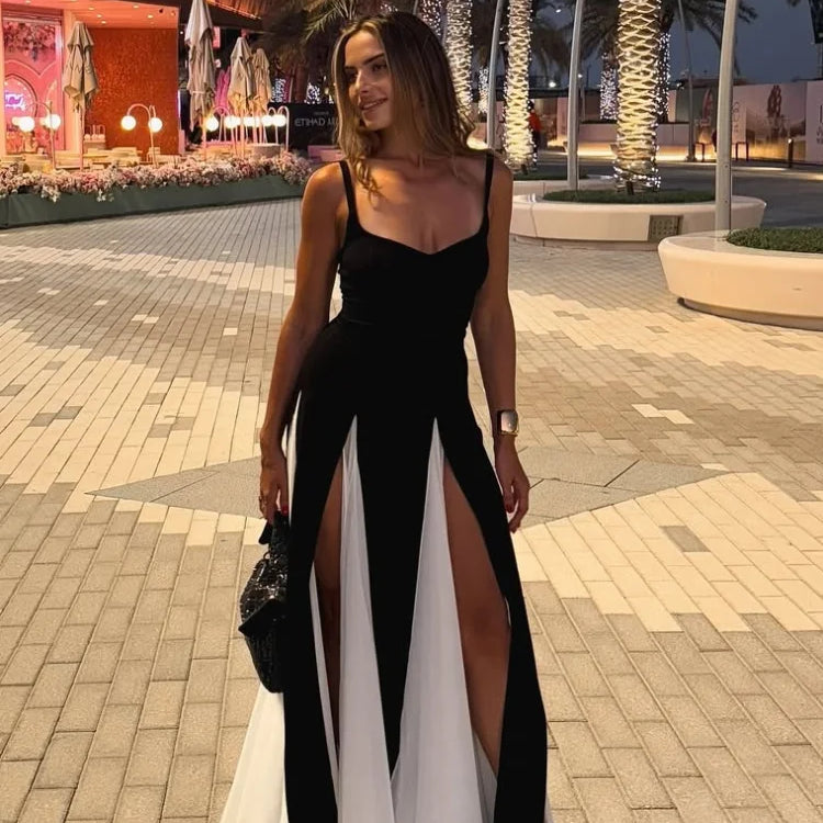 Fashion Contrasting U Neck Sling Maxi Dress Women Elegant Sleeveless Backless A-line Hem Robe Lady High Slit Summer Dresses 2025