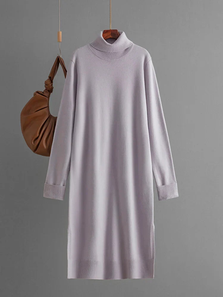 Streamgirl Autumn Turtleneck Slit Dresses For Women Winter Solid Casual Straight Basic Knitted Sweaters Dress Women Elegant Light Purple One Size