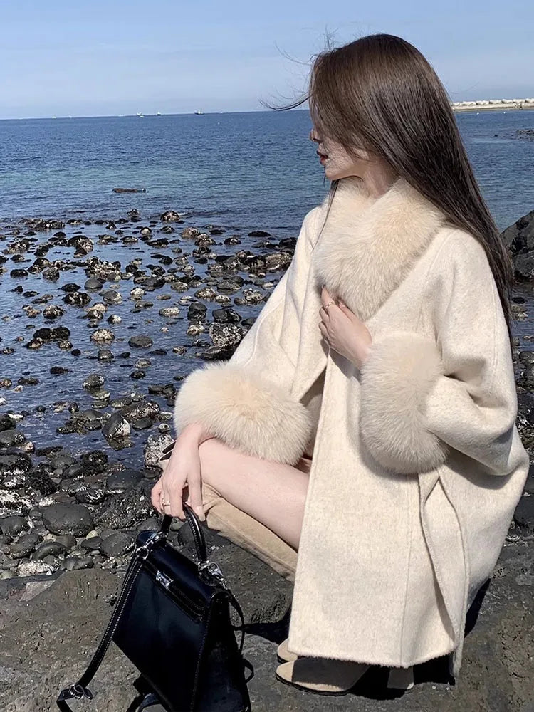 Elegant Women Woolen Coat Long Sleeve Korean Fashion Vintage Jackets Slim Solid Fairycore Autumn Winter Coats
