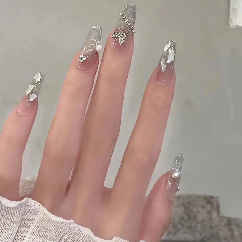 24Pcs Mid-length Gradient Finger Nails with White Butterfly Pattern Designs French Fake Nails Diamond Wearable Fashion Nail Tips