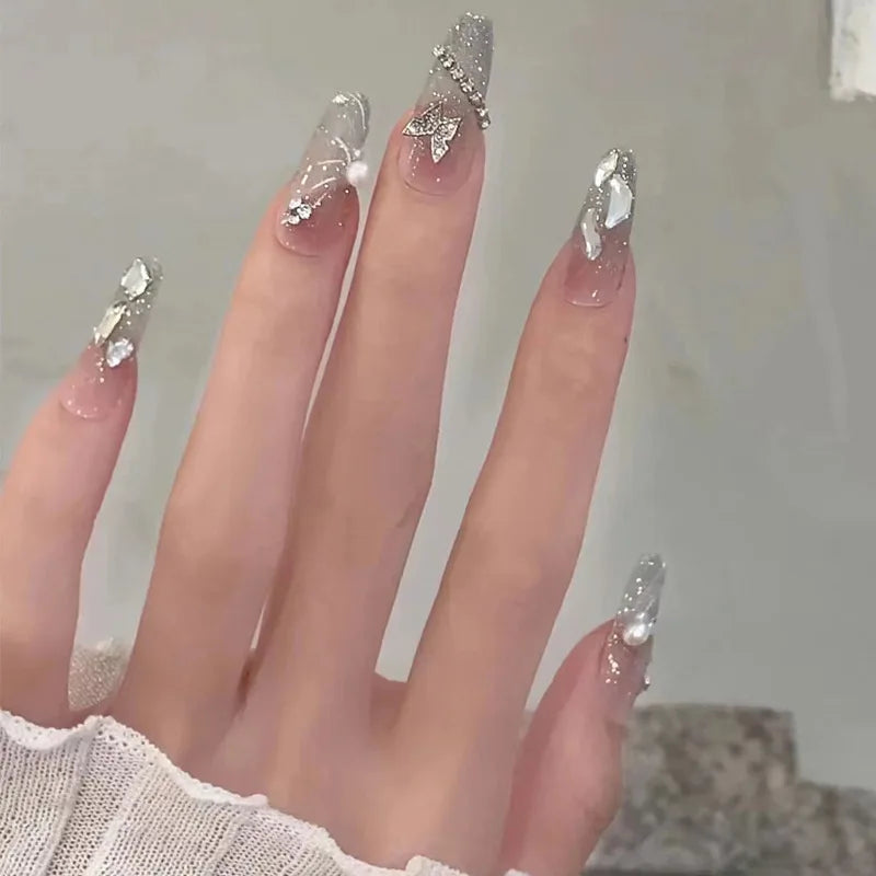 24Pcs Mid-length Gradient Finger Nails with White Butterfly Pattern Designs French Fake Nails Diamond Wearable Fashion Nail Tips