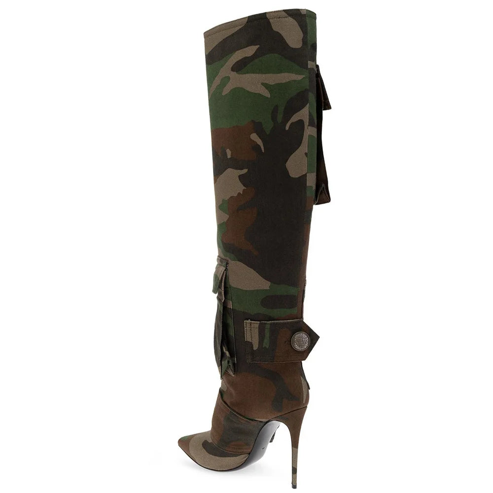 YJXKJY 2023 New Female Camouflage Bag Knee Length Boots Canvas Stiletto High Heel Buckle Pointed Toe Women‘s Big Size 43 Shoes
