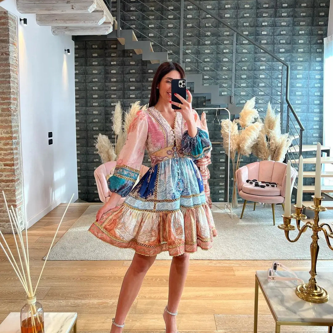 Vintage Women's Patchwork Printed Hollow Out Maxi Dress Fashion V Neck Long Sleeved Loose Dresses New Spring Female Street Robes black