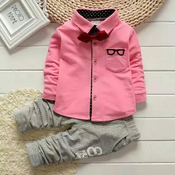 Kids Thinner Clothes Sets Spring Autumn Tracksuit Baby Boys Kid Long Sleeve Gentleman Suits Children T Shirt Pants Clothing Sets S0011-Pink