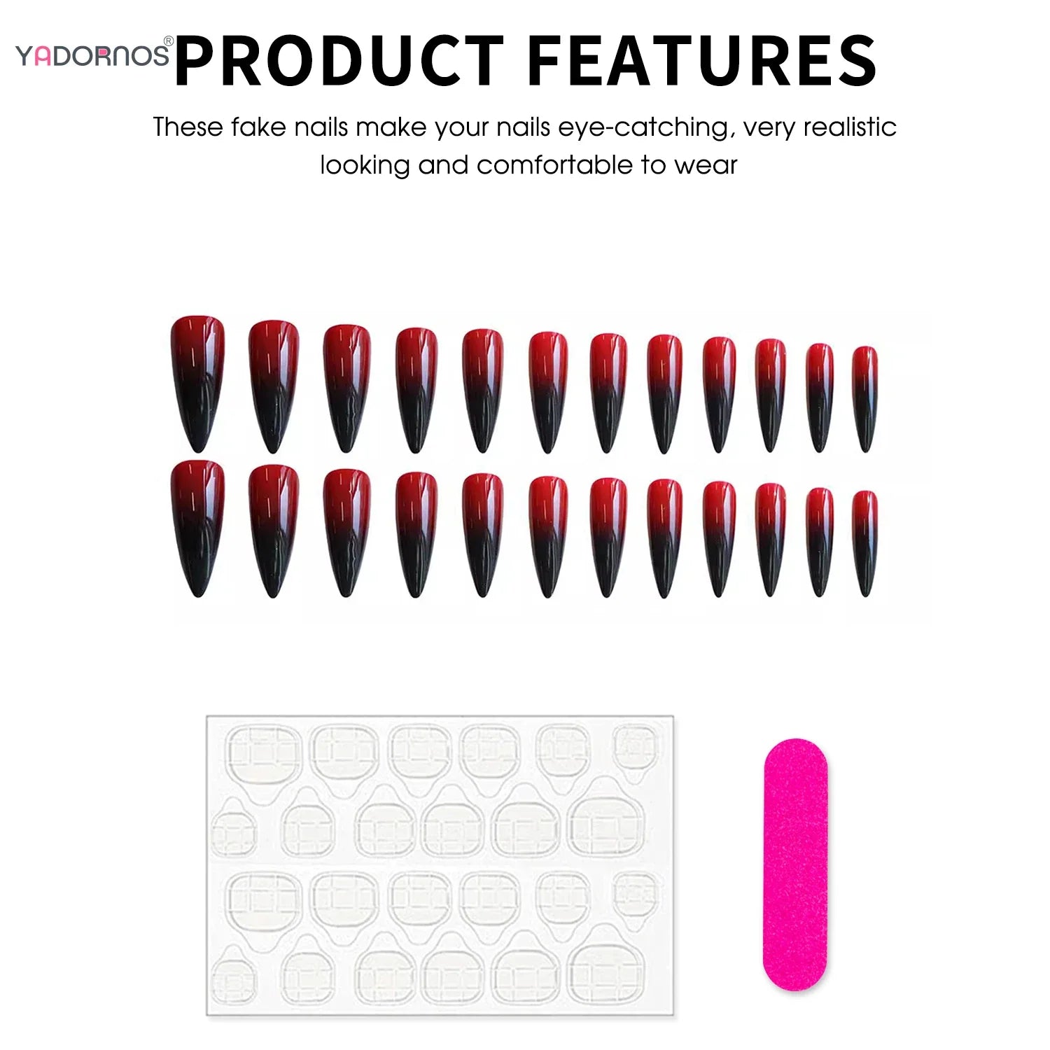 24Pcs Long Stiletto Fake Nails Gradient Red/Black Press On Nails Spicy Girls Charm Manicure Full Cover Stick-on Nail Extension