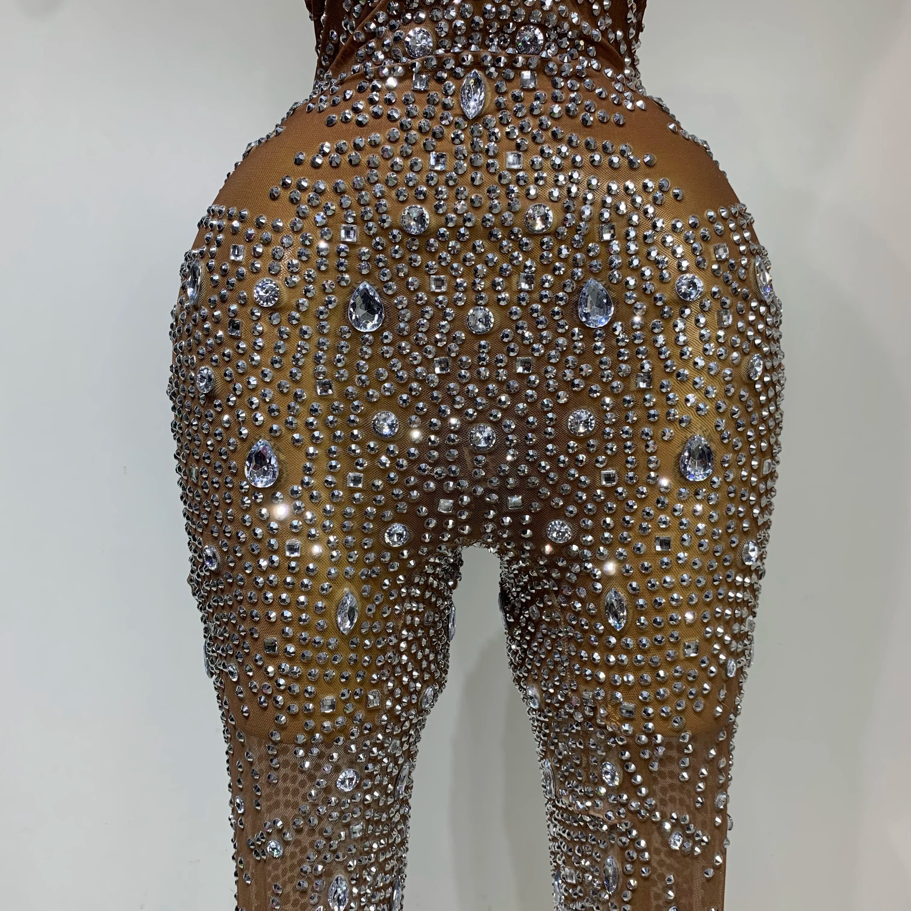 Luxury Rhinestones Jumpsuit Women Sexy Mesh See Through Performance Dance Costume Celebrate Club Birthday Party Stage Outfit