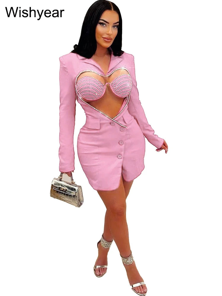 Luxury Designer Rhinestone Blazer Dress for Women Long Sleeve Bodycon Evening Sexy Black Short Party Crystal Vestidos Pink