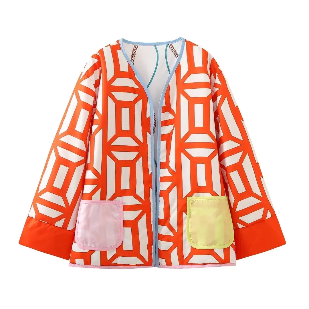 TRAFZA Women's Flower Print Coat Quilted Reversible Long Sleeve Open Front Two In One Jackets Autumn Vintage Streetwear reversible coat 1