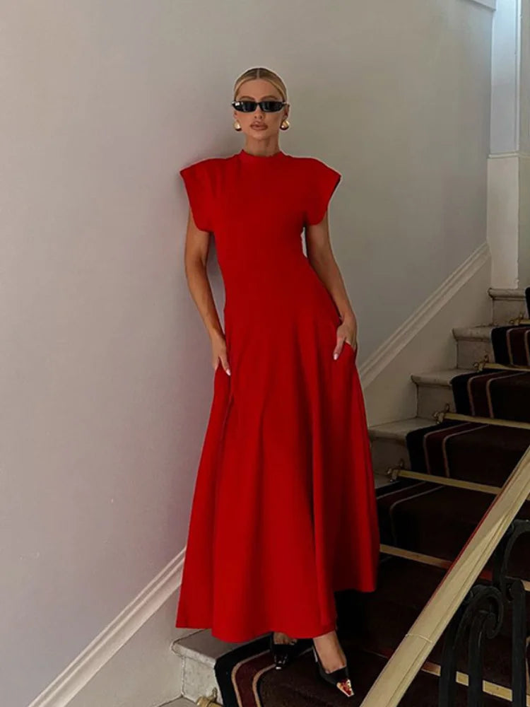 Chic Shoulder Pad Round Neck Solid Maxi Dress Women Elegant Sleeveless A-line Long Dresses 2024 Lady Fashion High Street Robes