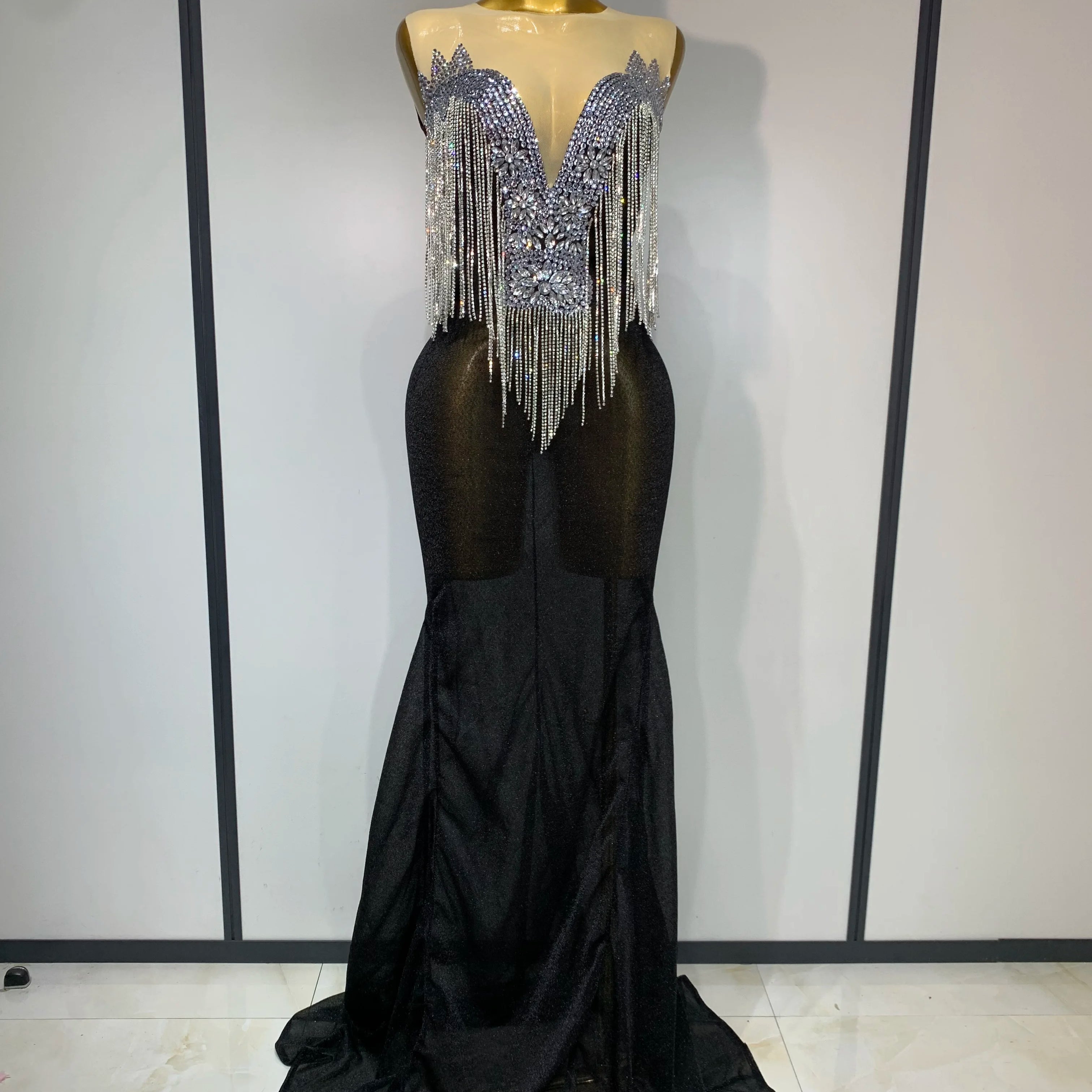 Women Sexy Sparkly Rhinestones chain Celebrity Elegant Maxi Long Dress Luxury Birthday Prom Gowns Stage Show Performance Costume