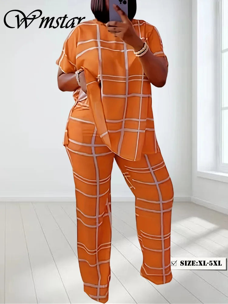 Wmstar Plus Size Two Piece Outfits Women Loose Striped Short Sleeve Top Wide Leg Pants Set Tracksuits Wholesale Dropshipping