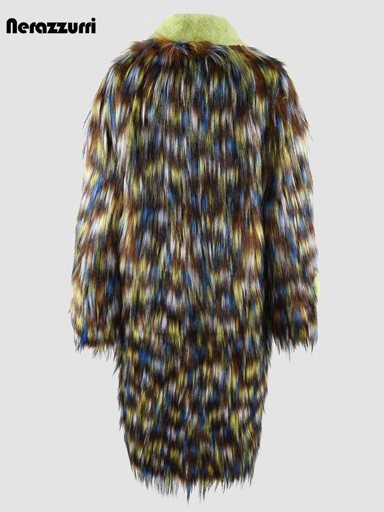 Winter Long Colorful Thick Warm Colorful Hairy Shaggy Patchwork Faux Fox Fur Coat Women Fluffy Furry Overcoat