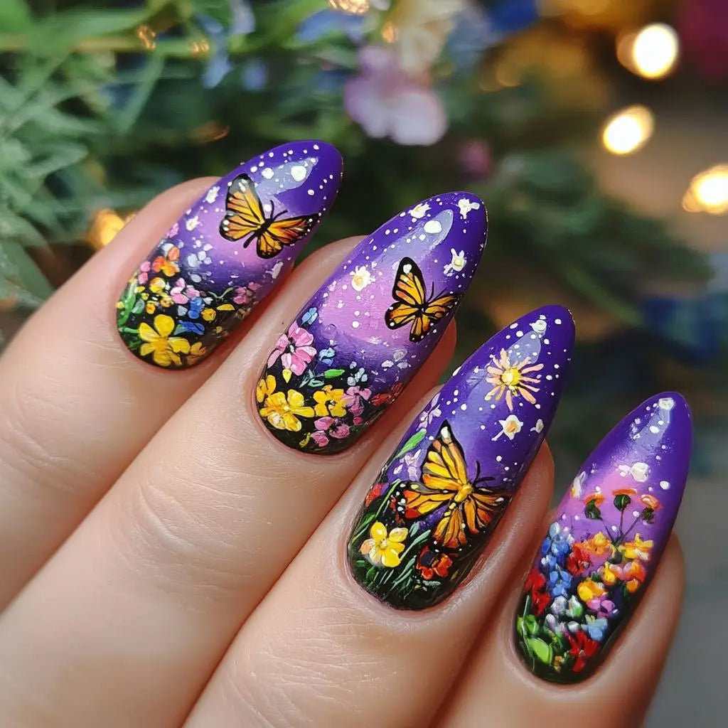 24pcs/set Medium long fake nails Swan fish flowers for summer season gradient almond square ballet tips press on false nails