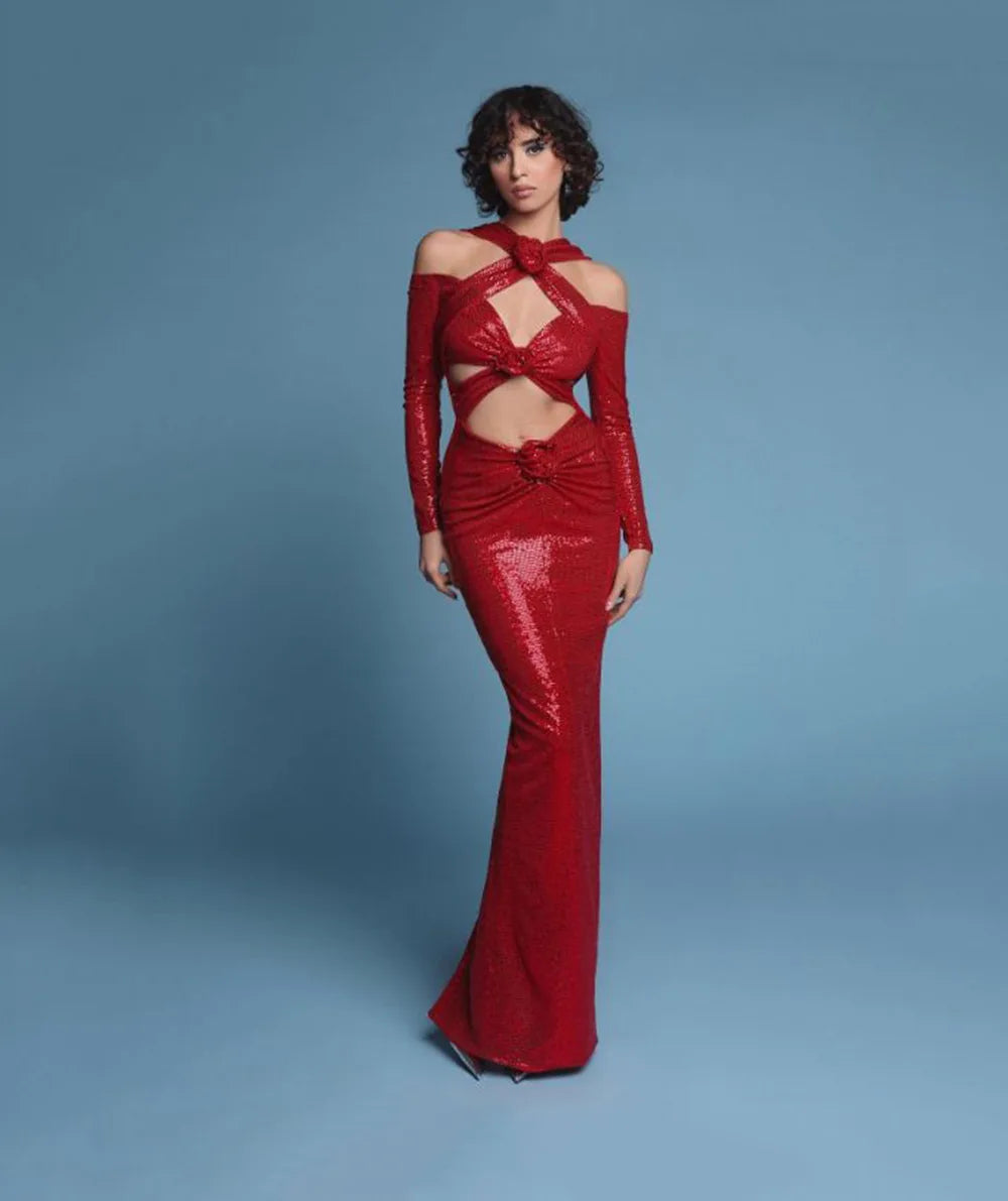 Autumn Red Color Shinning Sequins Women Long Sleeve Sexy Halter Bodycon Long Dress Florals Wedding Mermaid Party Dress