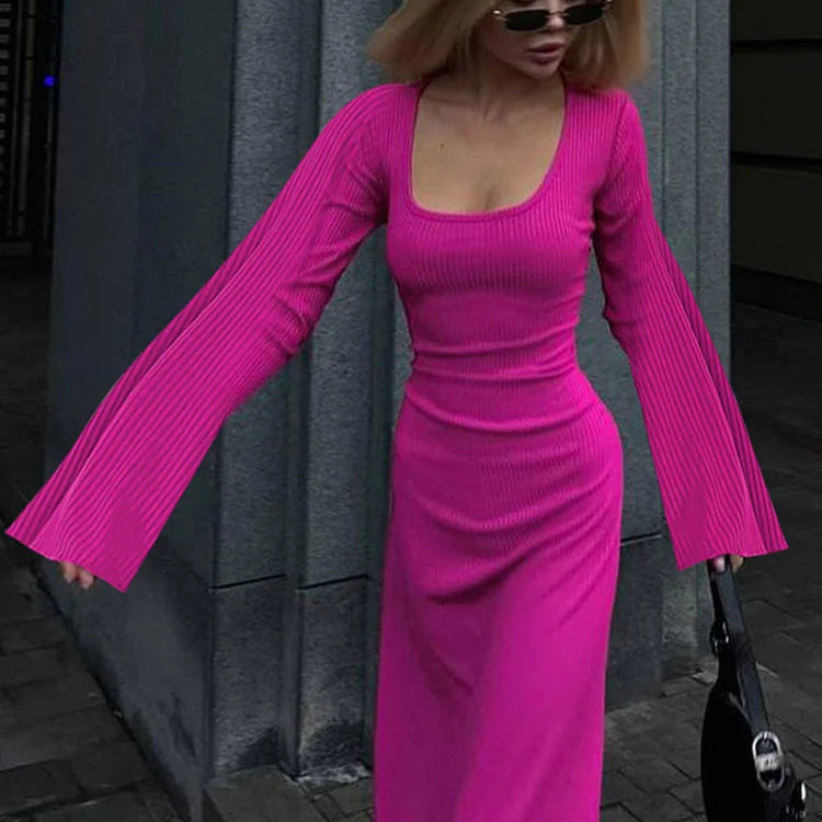 Solid Ribbed Trumpet Sleeves Maxi Dress Back Lace-Up Straps Elegant Casual 2023 Autumn Winter For Women Birthday