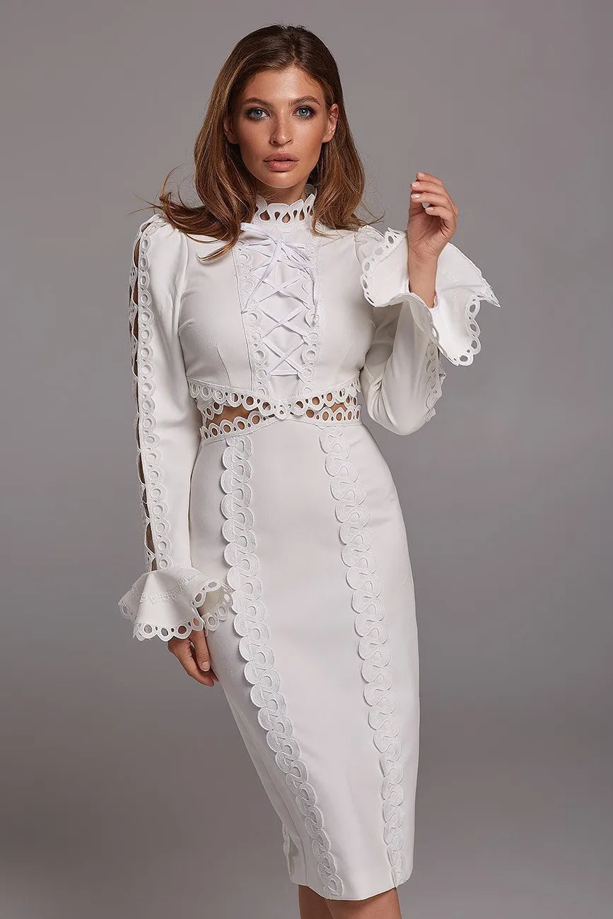 Midi Dress Women O-Neck Long Sleeve Lace Flare Hollow Out Patchwork Back Split Fashion Designer Ladies Streetwear white