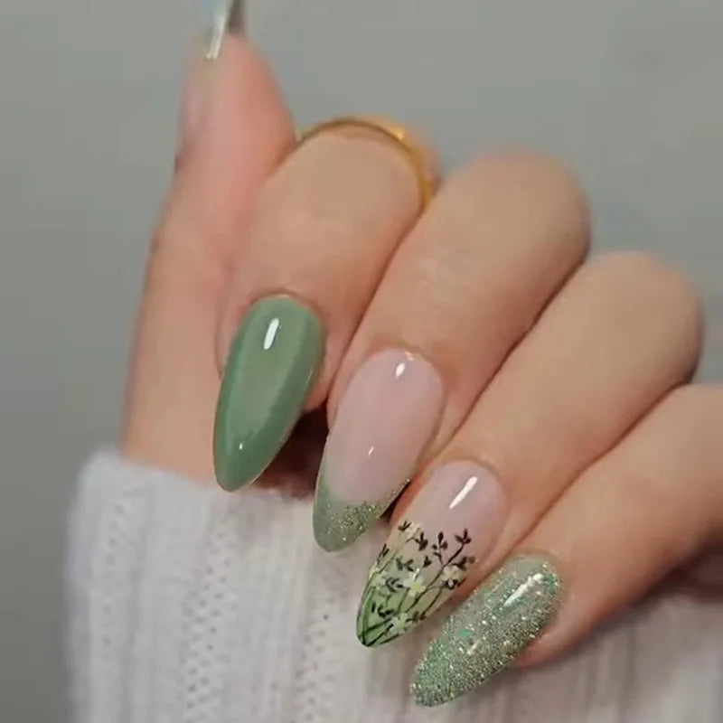 24Pcs Brown Maple Leaves Design Press on False Nails Long Almond Nails Set with Diamond Detachable Retro Fake Nail Tip for Women
