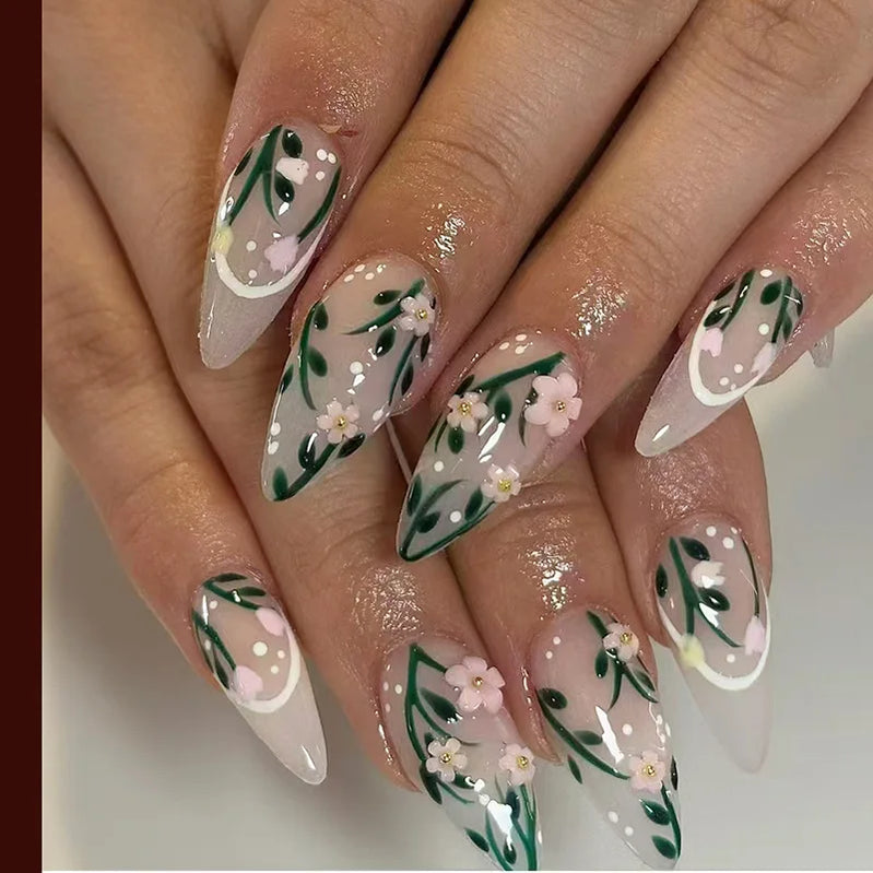 24pcs/set Medium fake nails for women girls 3D embossed flowers butterfly shell designs Summer almond tips press on false nail