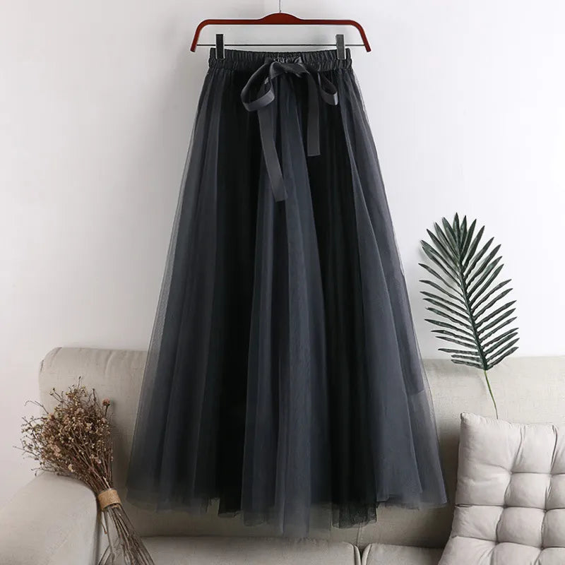 Spring Summer Gradient Color Tulle Skirts Women Fashion Bow Patchwork A-line Skirt Female Long Sweet Party Skirts GRAY One Size