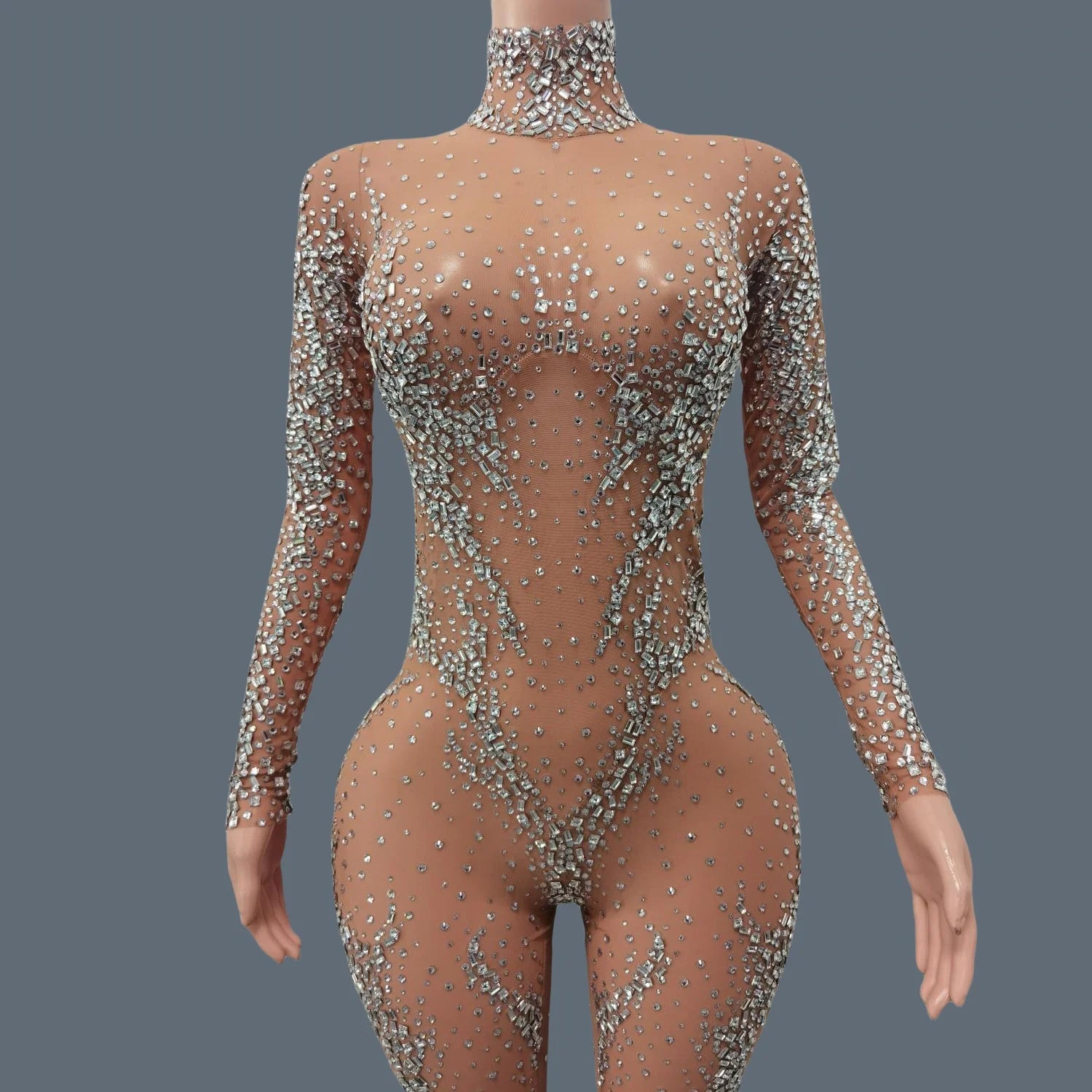 Luxurious Sparkly Crystals Skinny Sheer Mesh Jumpsuit for Women Birthday Party Female Singer Show Stage High-end Sexy Jumpsuit